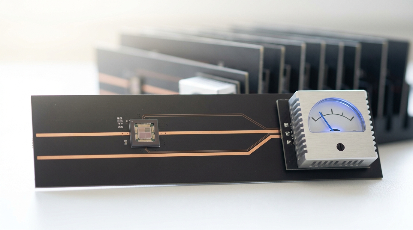 An open feed-forward riser card with two parallel signal paths, one running through a small gating chip and the other direct, meeting at a normalization module whose reference gauge sits mid-swing