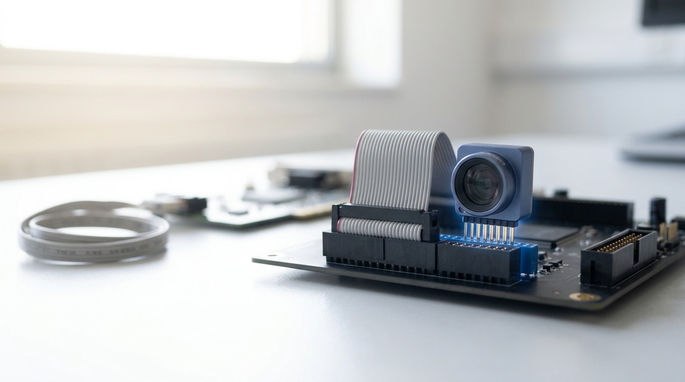 A small vision-sensor module's connector caught mid-mate with the same backplane socket the text-token ribbon already runs into, an older adapter card and its separate side cable sitting unused on the bench behind