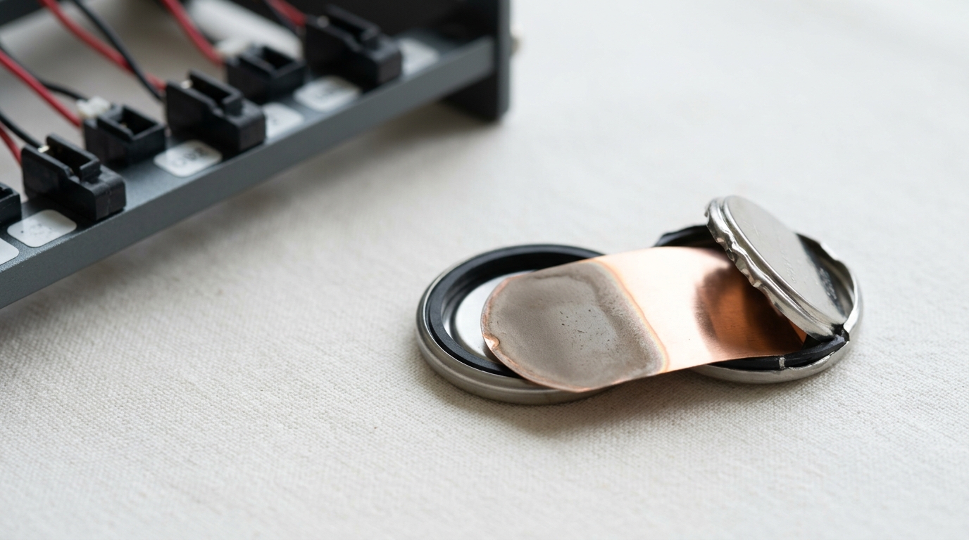 A coin cell battery disassembled halfway on a clean mat, its case still half-crimped and the copper anode foil only partly slid free, a dull grey film visible across part of its surface