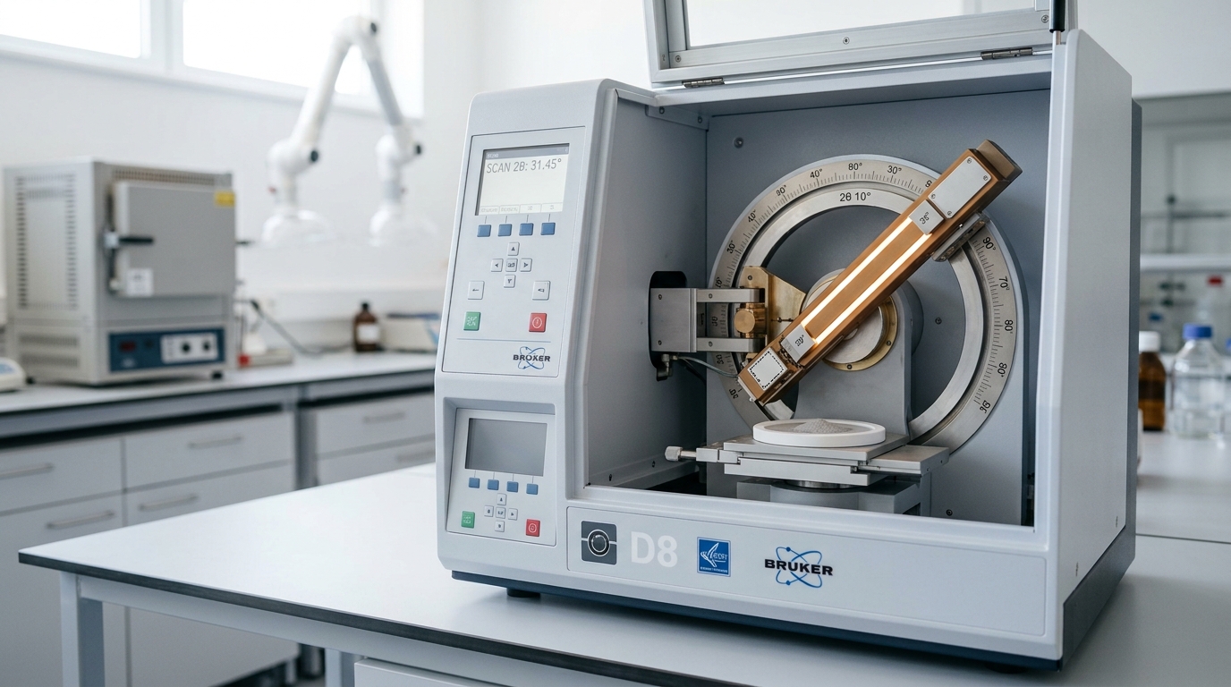 A bench-top powder X-ray diffractometer's goniometer arm caught partway through its sweep across a mounted sample, one detector angle already logged and the arm still rotating toward the next