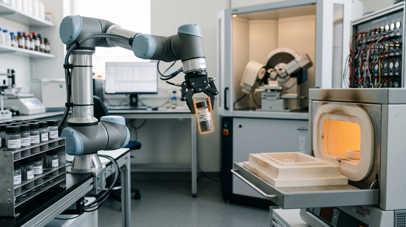 A six-axis robotic arm in a bright lab holding a small powder vial halfway between a rack of loaded vials and an open furnace slot, with a diffractometer visible in soft focus behind it