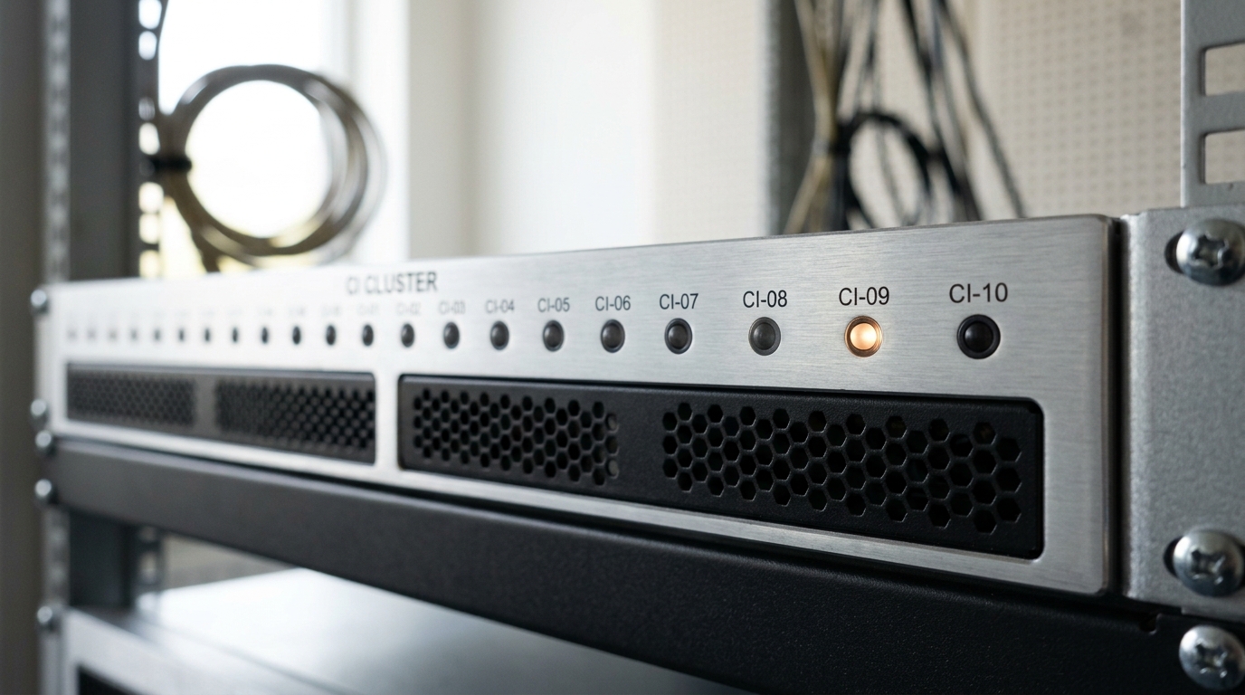 A compact continuous-integration server cluster mid-run, a row of indicator lights along its front panel with most already dark and one still lit, mid-transition to dark
