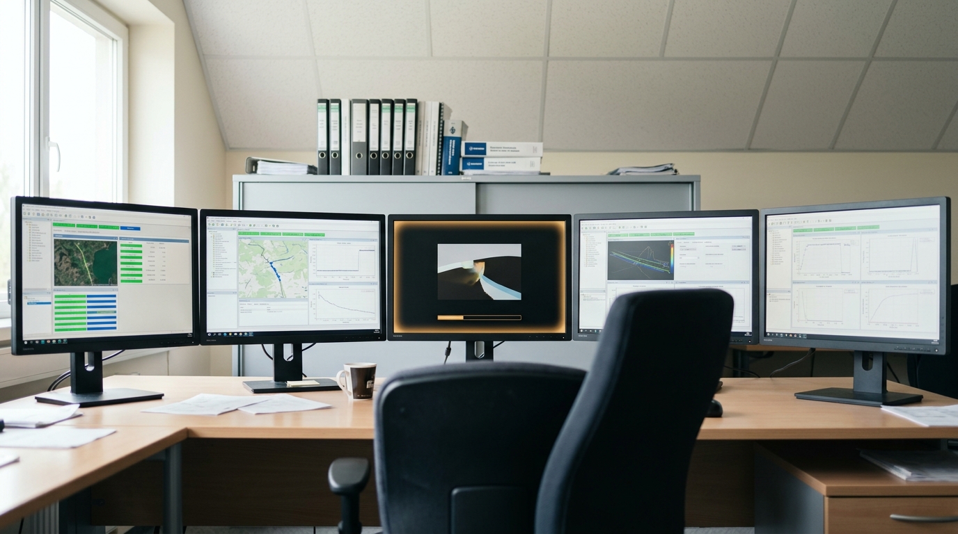 A bank of workstation monitors in an ensemble-simulation control room, most already showing a settled result while one still runs, its progress bar short of the end