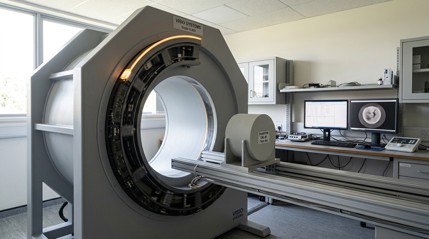 A ring-gantry tomography scanner with its detector arc caught part-way through a rotation around a cradled cylindrical phantom, the arc's leading edge still travelling