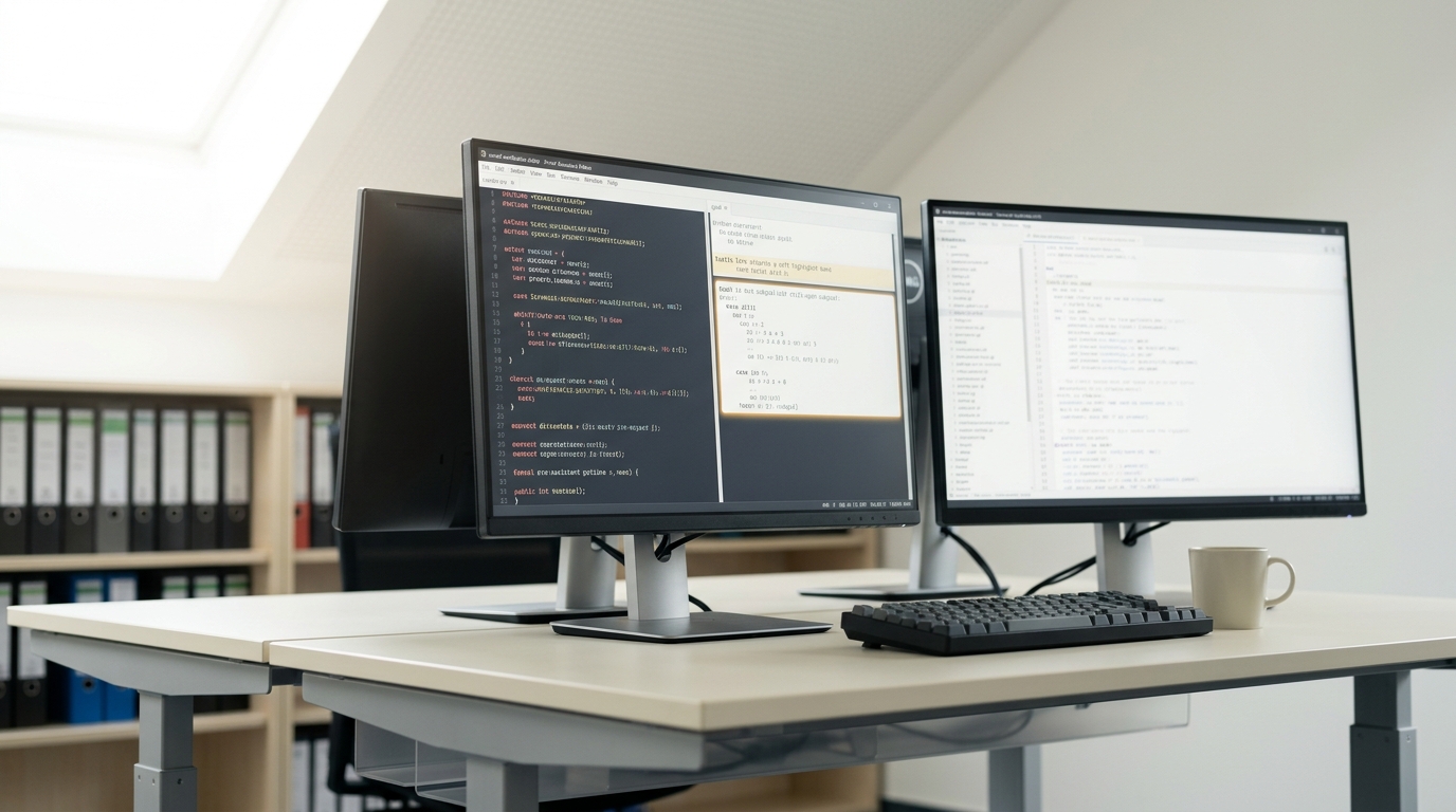 A formal-verification workstation with a proof-assistant editor open on the near monitor, the goal panel showing one remaining subgoal not yet discharged while the tactic just applied is still highlighted