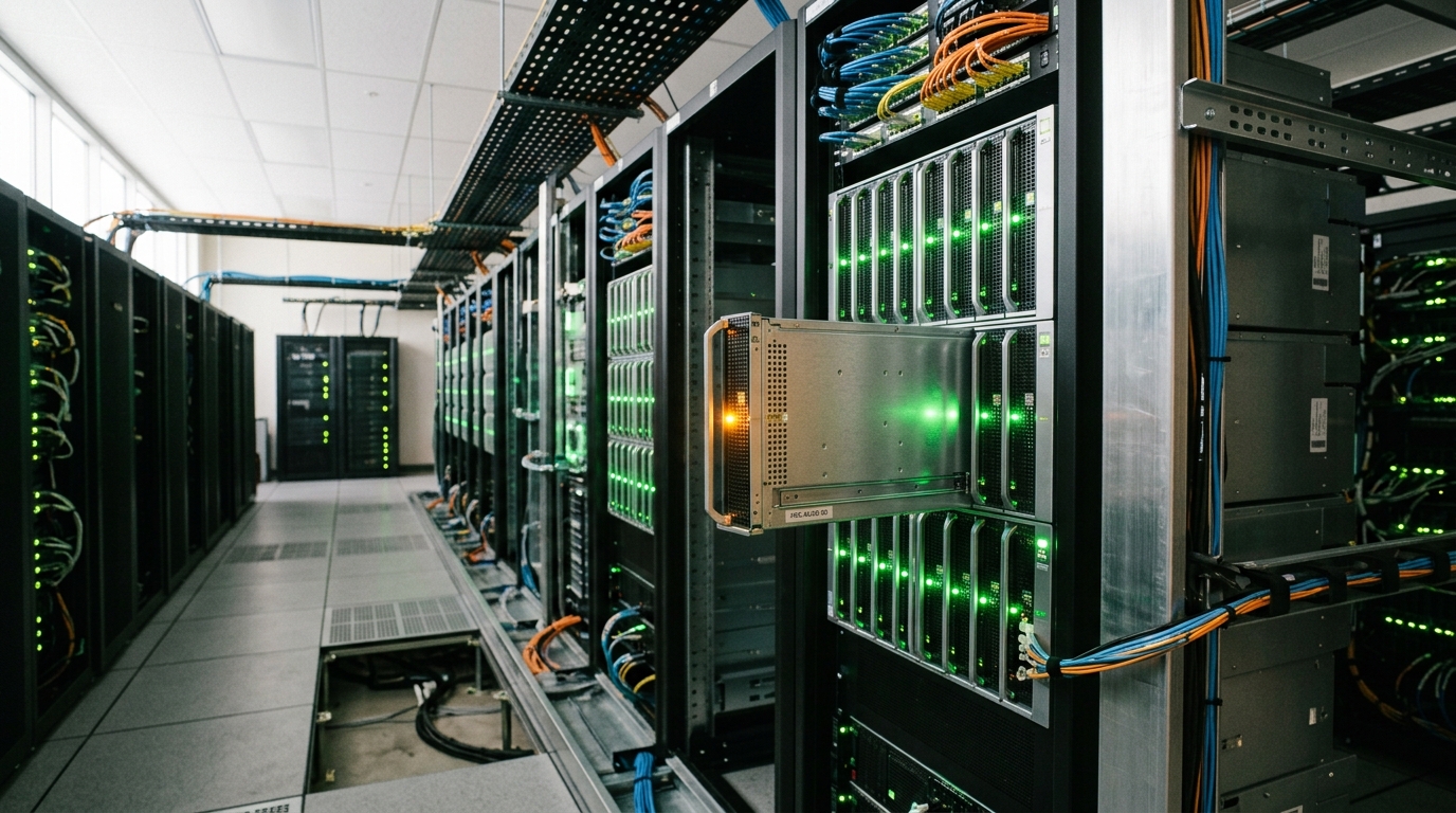 A raised-floor HPC server room with a rack of blade nodes, one sled still partway seated in its bay with a single status LED still amber while the sleds above and below already show steady green