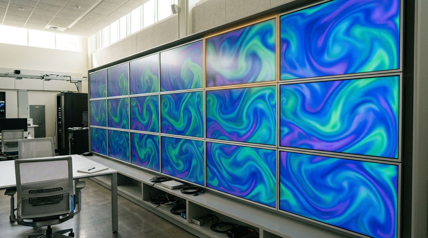 A wide tiled display wall in a visualization lab showing a fluid-simulation render split across panels, one tile still a frame behind its neighbours and visibly softer