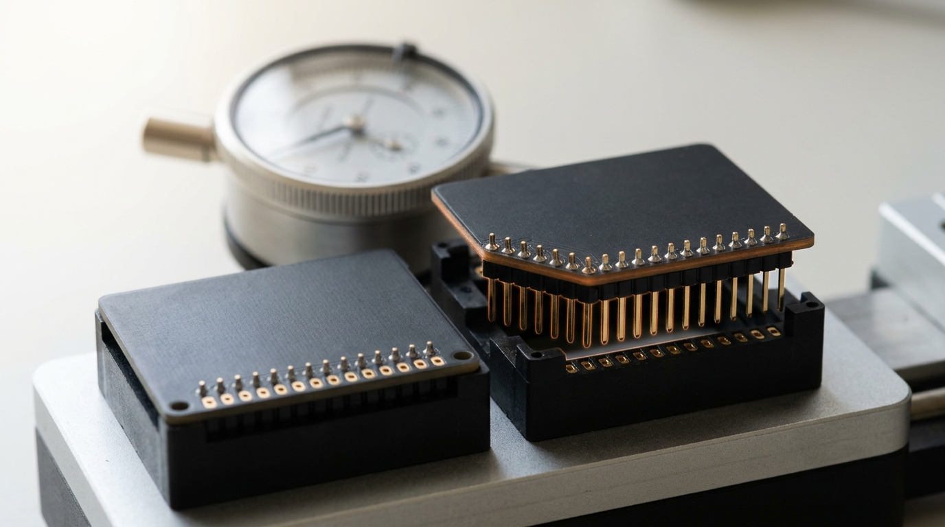 One of the two sequenced daughtercards lifted clear of its socket on the bench fixture while the capture instrument's needle behind it has just stepped to a new position