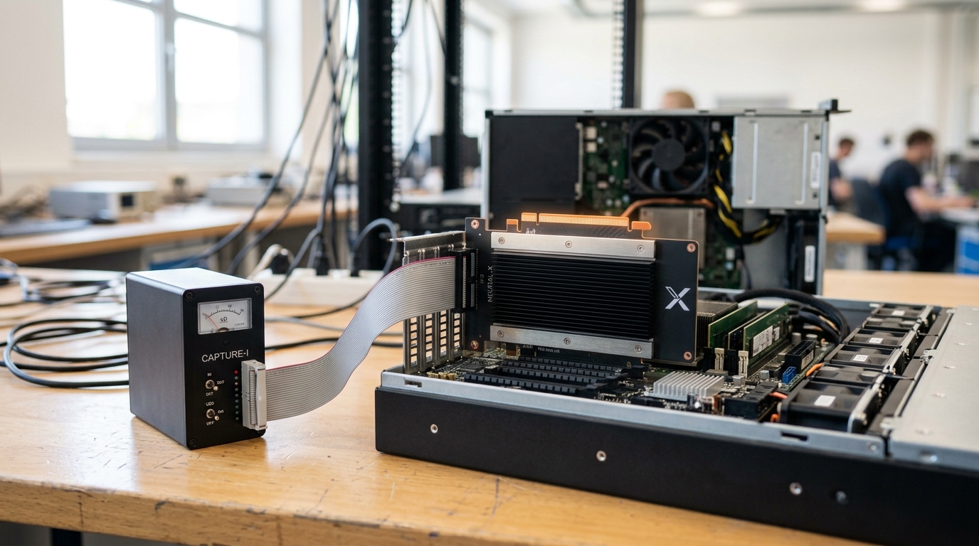 An accelerator node with a breakout riser card drawn part-way out on its rails, its ribbon cable landing on a compact activation-capture instrument beside it