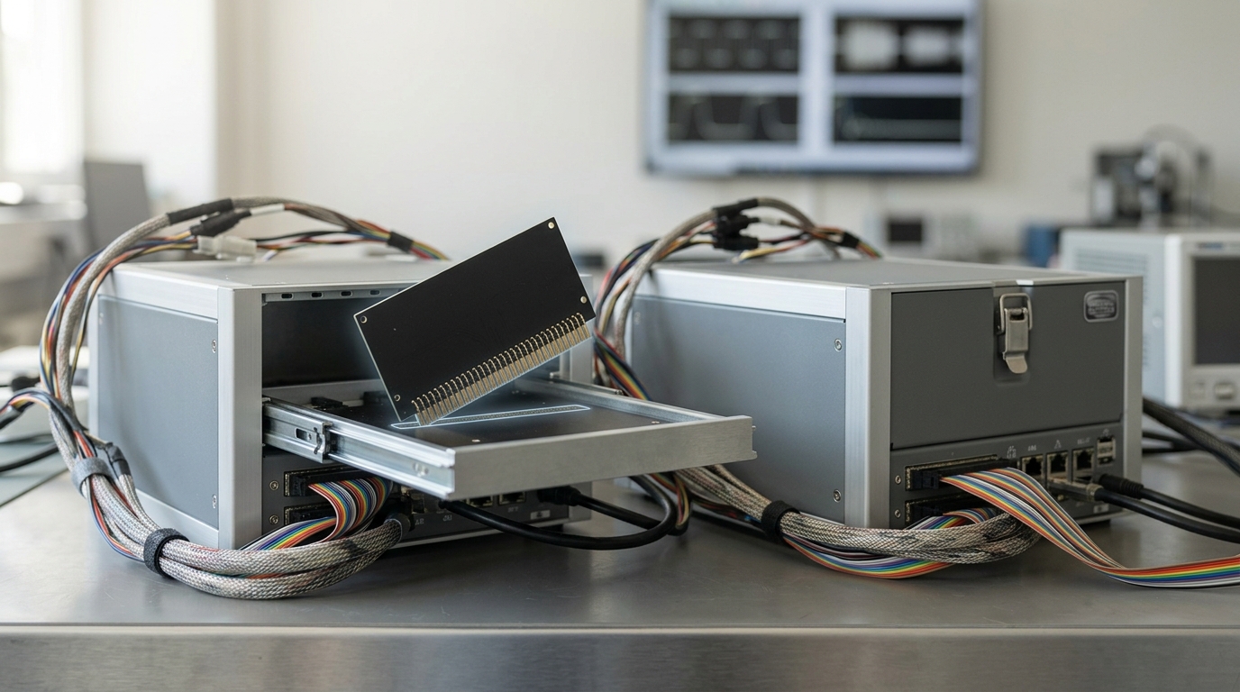 Two identical open accelerator nodes side by side on a bench, a copper patch cord caught mid-splice as it is plugged from a breakout header on one node into the other