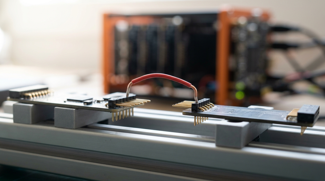 Two small breakout daughtercards mounted in sequence on a bench fixture, a short jumper wire caught mid-seating between the output header of the first card and the input header of the second
