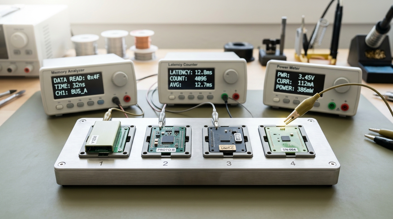 A row of test points on a breakout strip with one clip lead landed on a single point and a small analogue meter's needle still swinging toward its new reading