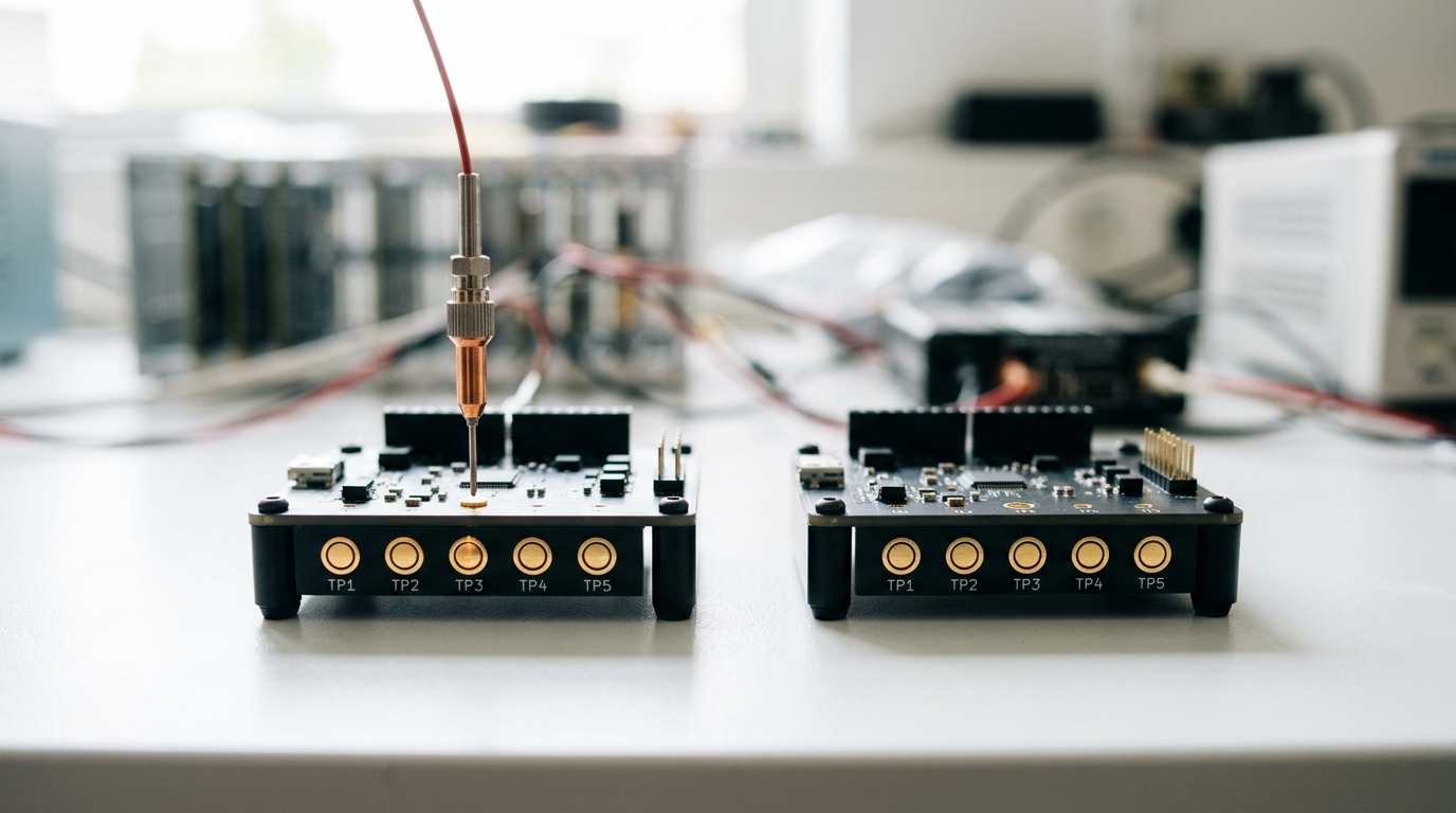 A small, deliberately minimal benchtop rig with a probe lead landing on one of a short ordered row of test points, an identical second rig sitting untouched beside it as a control