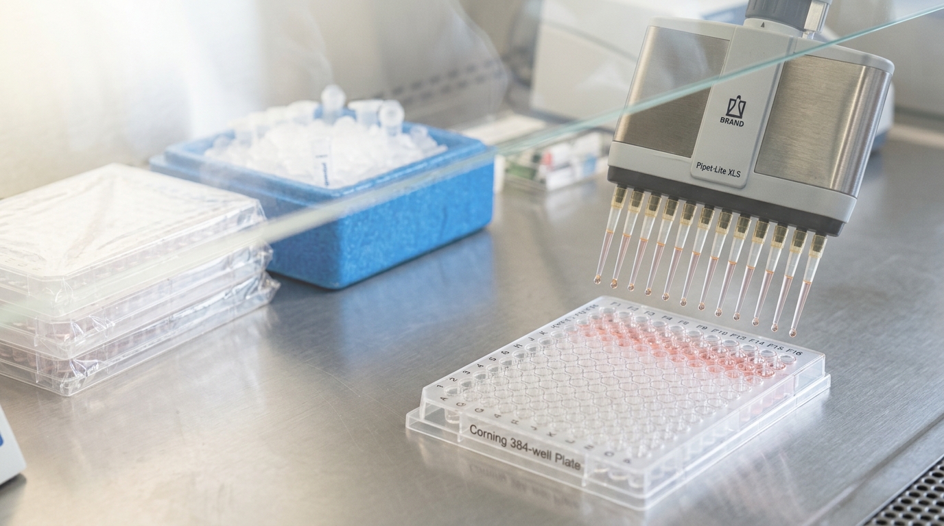 A 384-well CRISPR screening plate under a laminar-flow hood with a multichannel pipette mid-dispense over one row of wells
