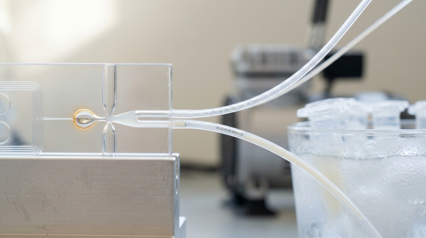 A microfluidic droplet-generation chip on a lab bench with one just-formed oil droplet still pinching off at the junction, thin tubing feeding cell suspension and barcoded-bead suspension into it