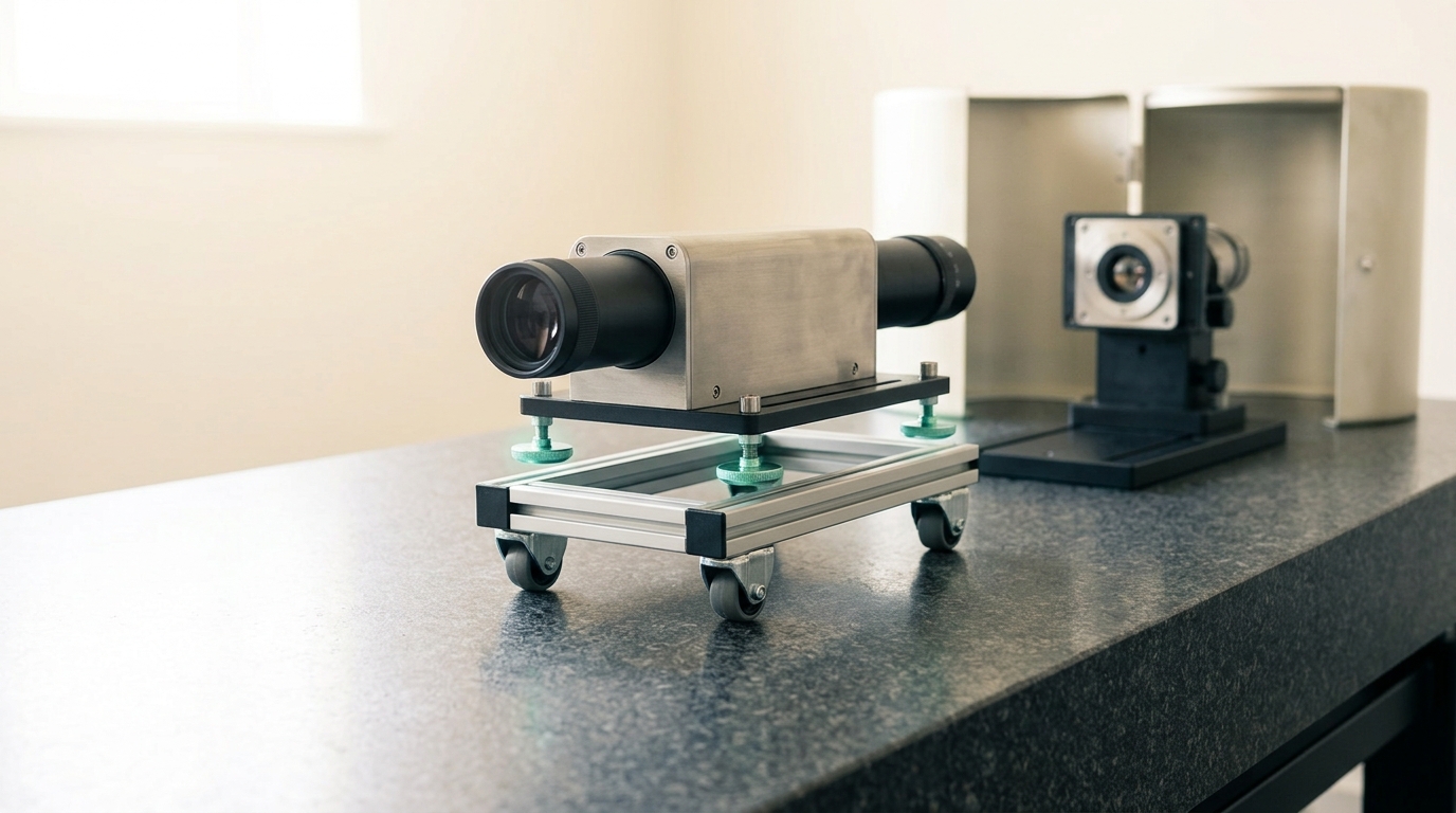 A precision autocollimator on a small transport cart, positioned roughly halfway between two trap positions on a granite optical table, its levelling feet still raised clear of the surface