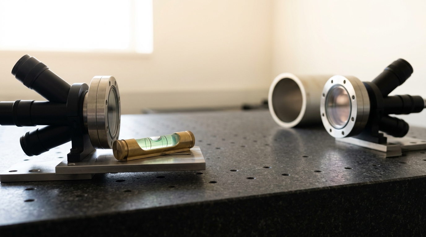 A vibration-isolated granite optical table carrying two separate microsphere optical-trap assemblies at opposite ends of one beam path, a precision spirit level resting across the near trap's mount with its bubble sitting left of centre