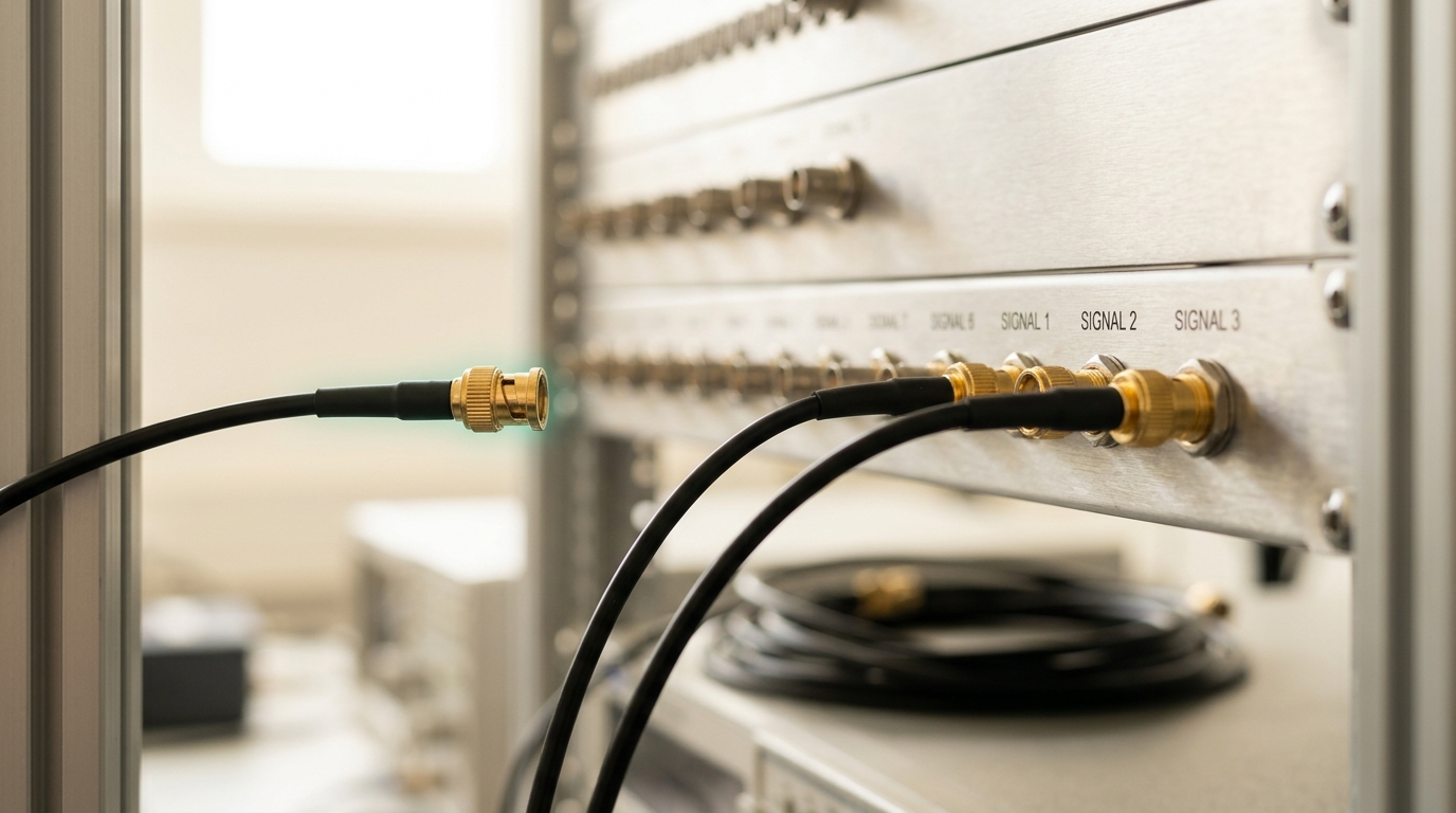 An interferometer readout rack's patch panel with two coaxial signal cables already seated in their sockets and a third cable's connector held just short of its own socket