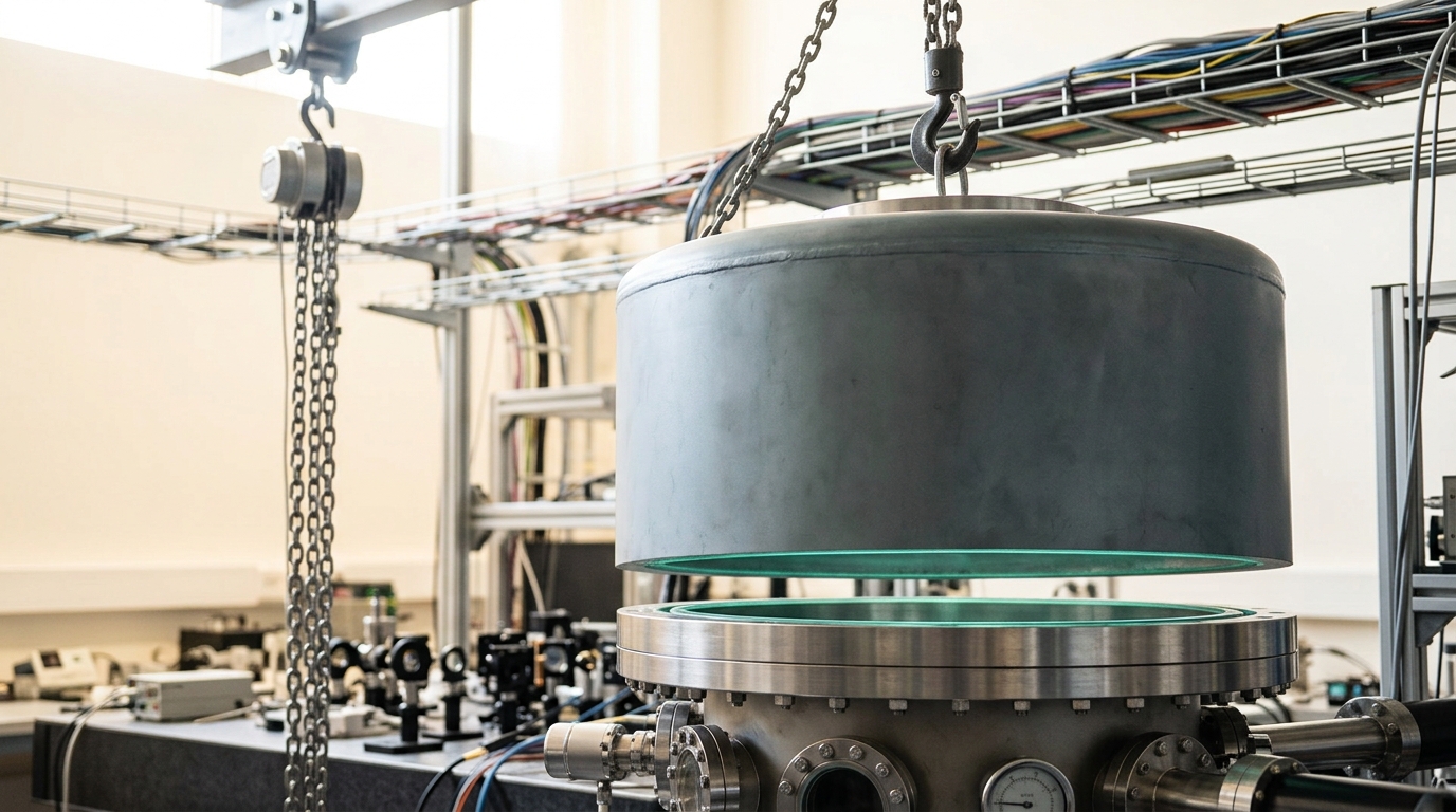 A cylindrical mu-metal magnetic shield suspended on an overhead hoist, lowered halfway over a vacuum chamber's trap section with the chamber's viewport still half exposed above the shield's rim