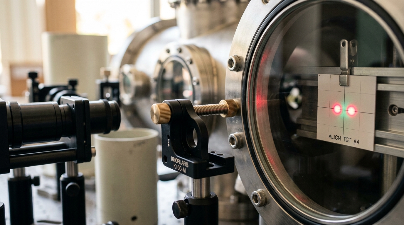 A tightly focused optical-trap beam inside a vacuum chamber viewport, its retroreflected return spot on a small alignment target sitting just off the forward spot rather than concentric with it