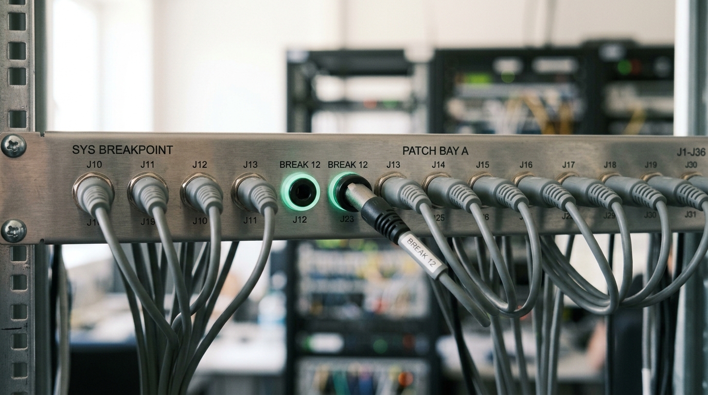 A benchtop robot arm's joint-encoder cable caught mid-plug into an action-tokenizer board whose row of discretization-bin indicator lights is only half lit as the arm holds one joint mid-motion