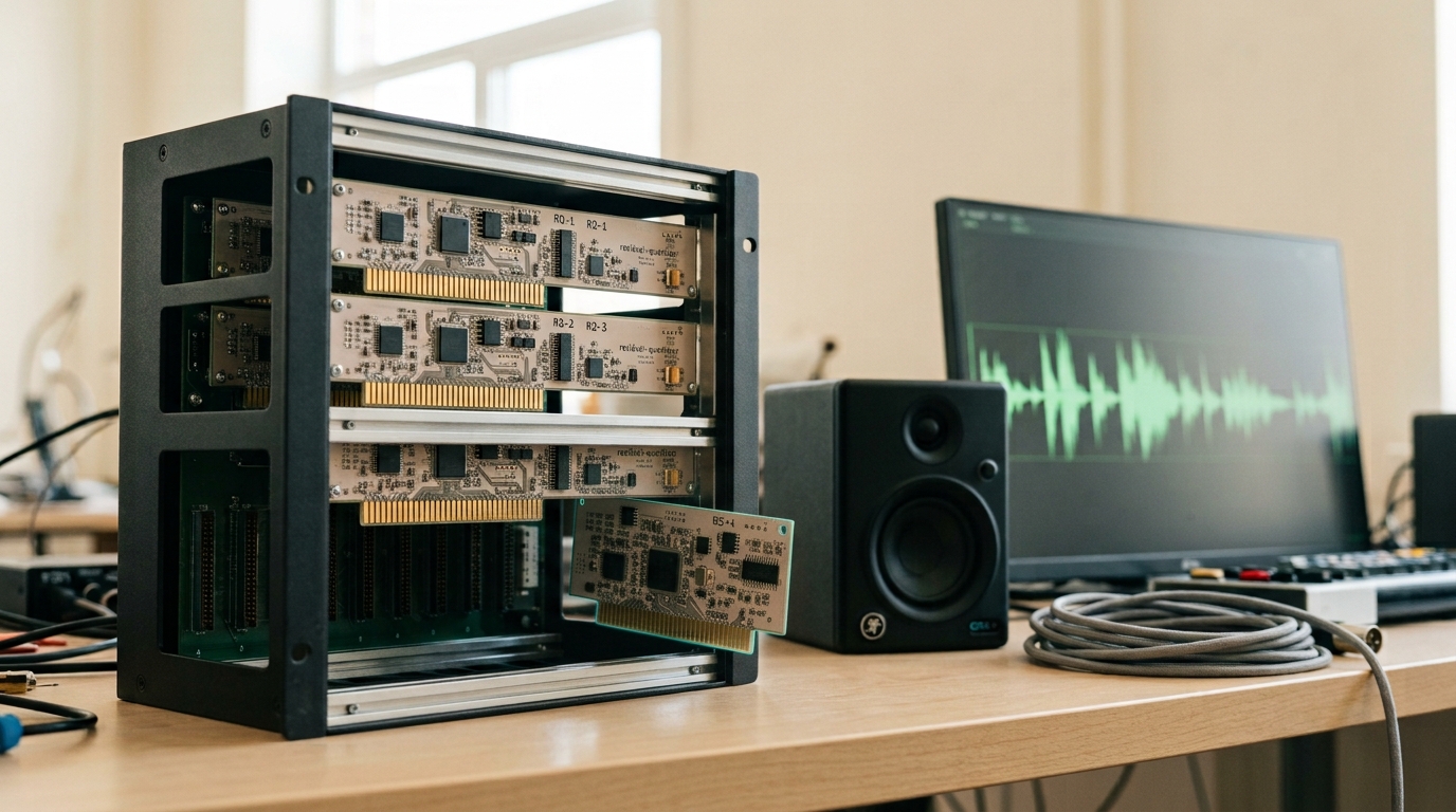 A small audio-tokenization bench with a stack of residual-quantizer boards in an open card cage, one board caught sliding into its slot below three already-seated boards while a nearby screen shows a waveform feeding into the stack