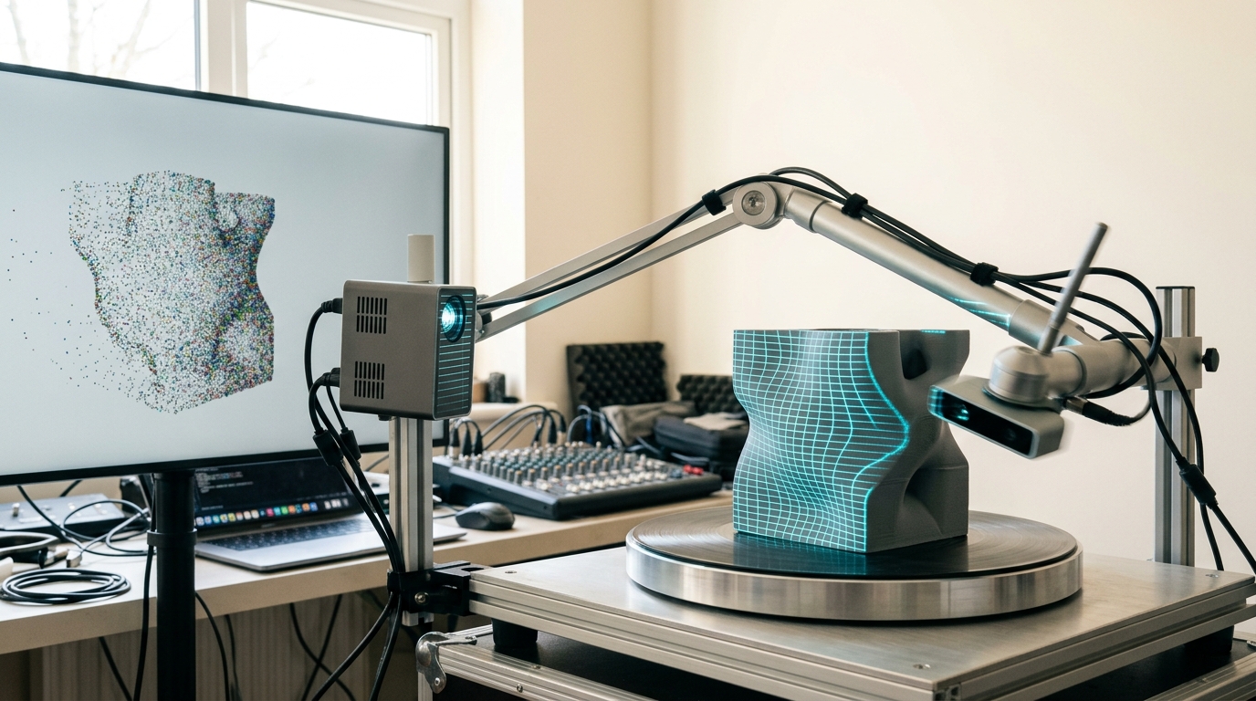 A turntable rig with a structured-light projector and a time-of-flight sensor on a jointed arm sweeping over a test object, a nearby screen showing a point cloud that is only half built across the object's surface