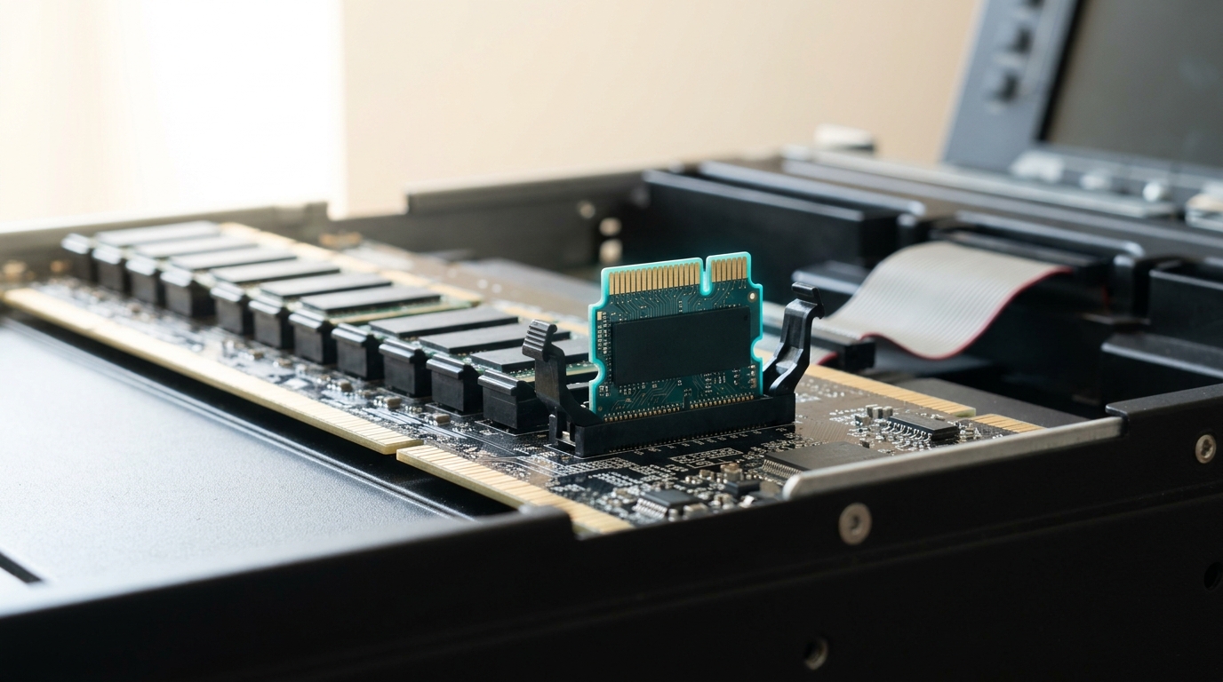 An open server chassis holding a video-tokenizer card, its row of small token-cache modules mostly seated flush and one module still standing proud of its socket with its latch clips not yet closed