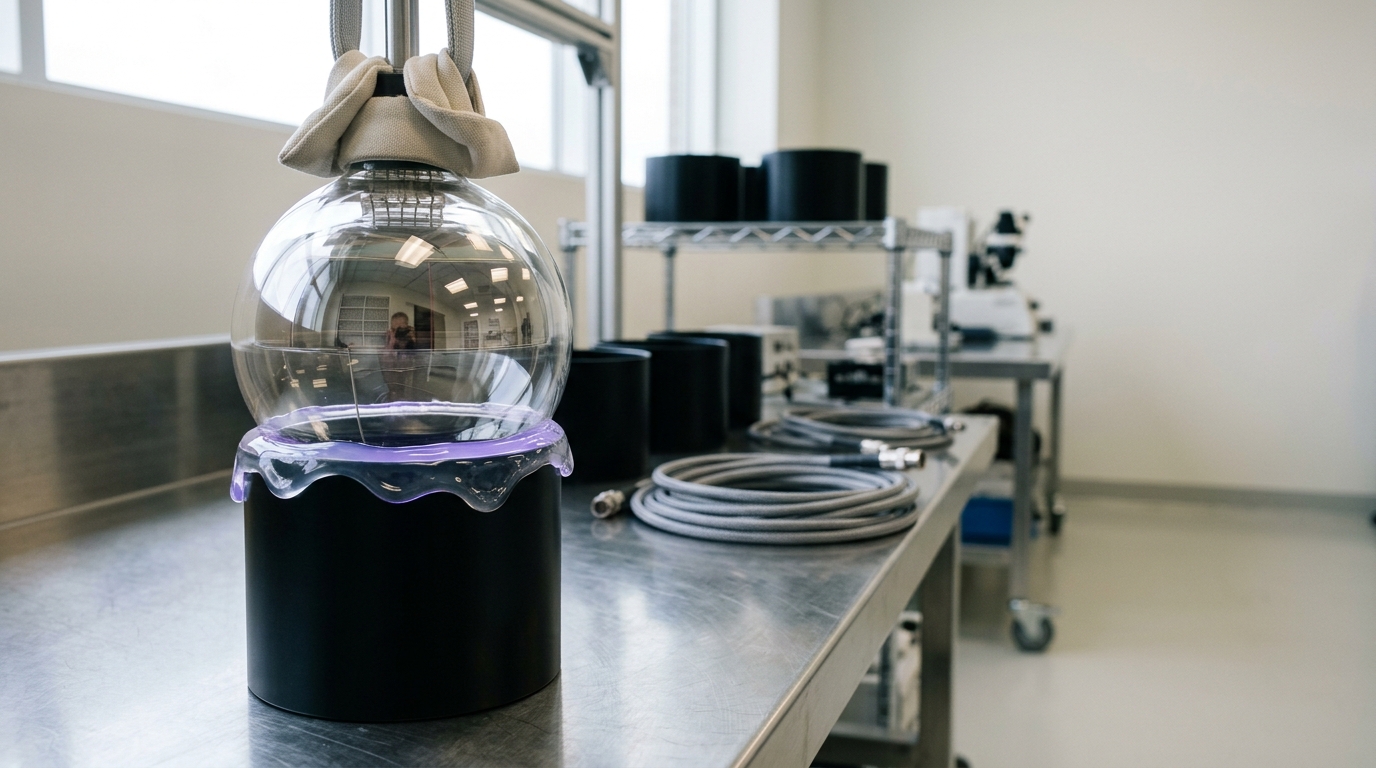 A spherical photomultiplier module half-lowered into its steel housing on a clean-bench, clear potting gel still flowing around its base and not yet level