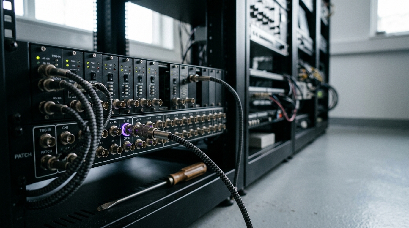 A rack bay of trigger electronics with a labeled patch panel, one coaxial connector caught mid-insertion into its jack