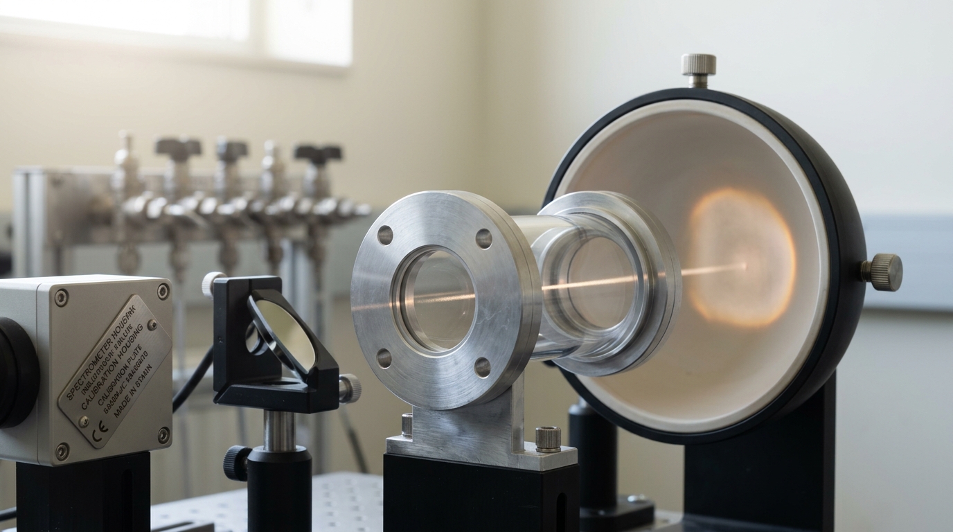 A gas absorption cell on a spectrometer calibration bench, a beam of light passing through it toward an integrating sphere whose inner coating still shows a faint uneven bloom from a beam that has just swept across it