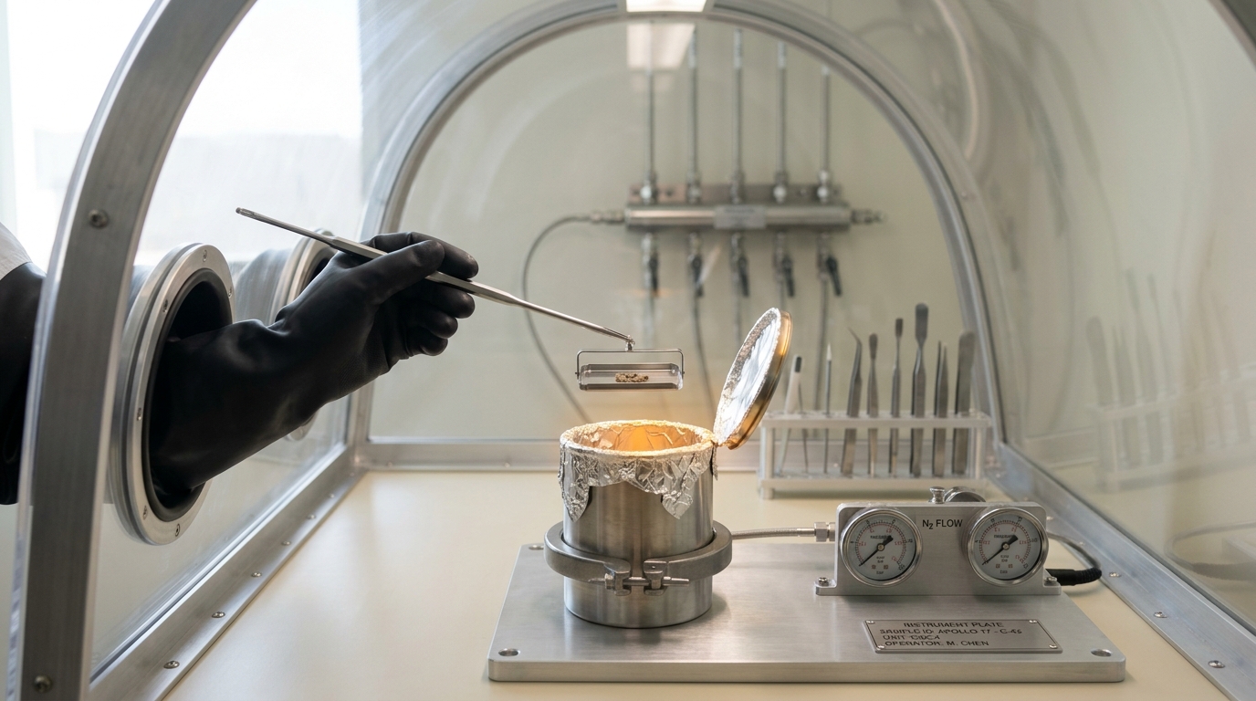 A sealed sample capsule held open under a nitrogen glovebox's laminated acrylic dome, a long-handled tool caught mid-lift as it lowers a stainless tray toward the capsule's inner canister, one corner of the foil-lined interior still in shadow