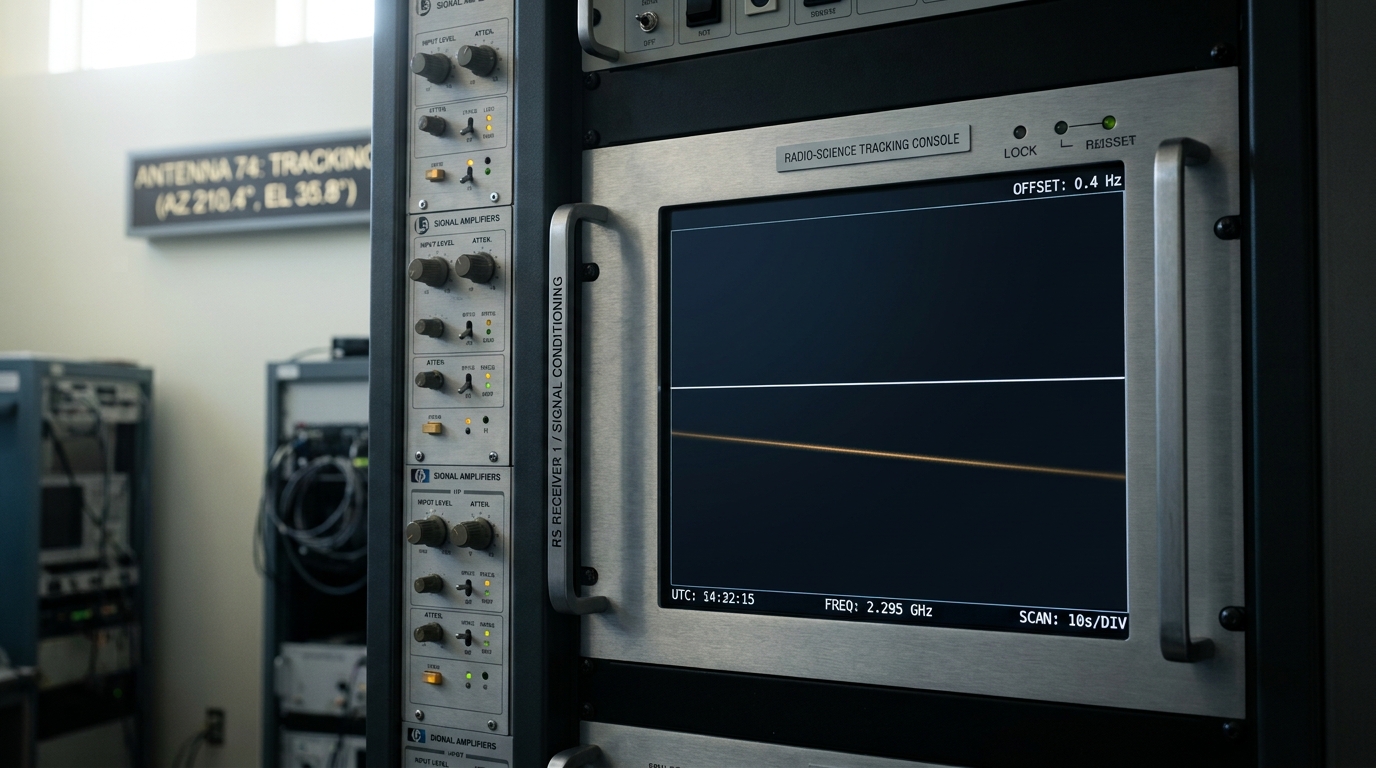 A radio-science tracking console showing a narrow carrier-tone waterfall display mid-scroll, a cursor line caught just short of a faint Doppler drift in the trace