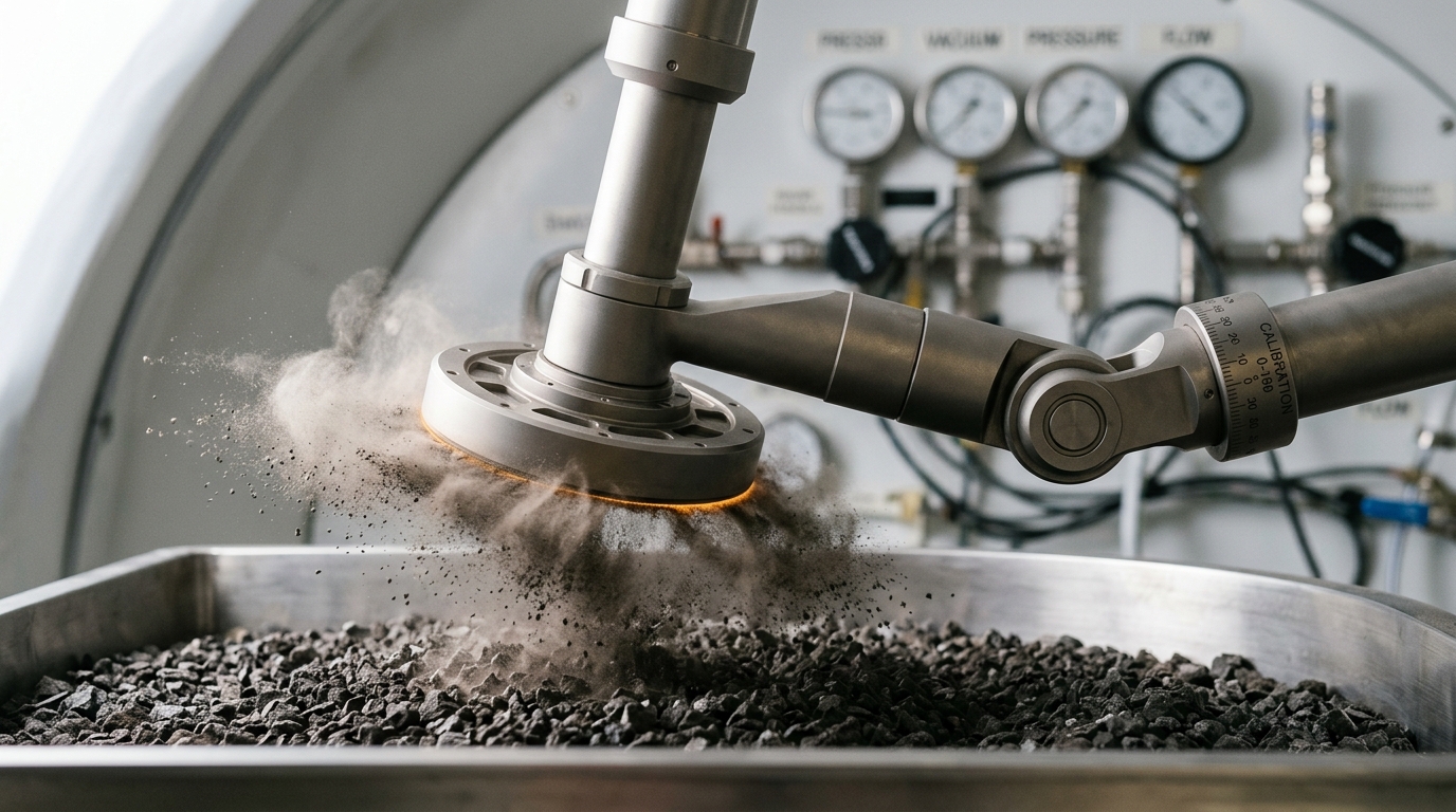A sampling head lowered on a test rig toward a tray of crushed rock simulant, a puff of fine particulate still rising and not yet settled around the head's rim