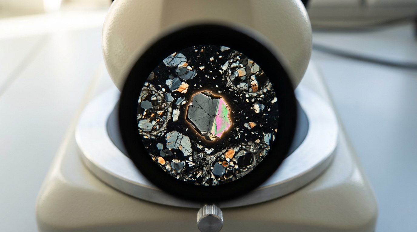 A polished meteorite thin section under a petrographic microscope's cross-polarized stage light, one mineral grain caught mid-rotation still shifting from dark toward bright colour as the stage turns