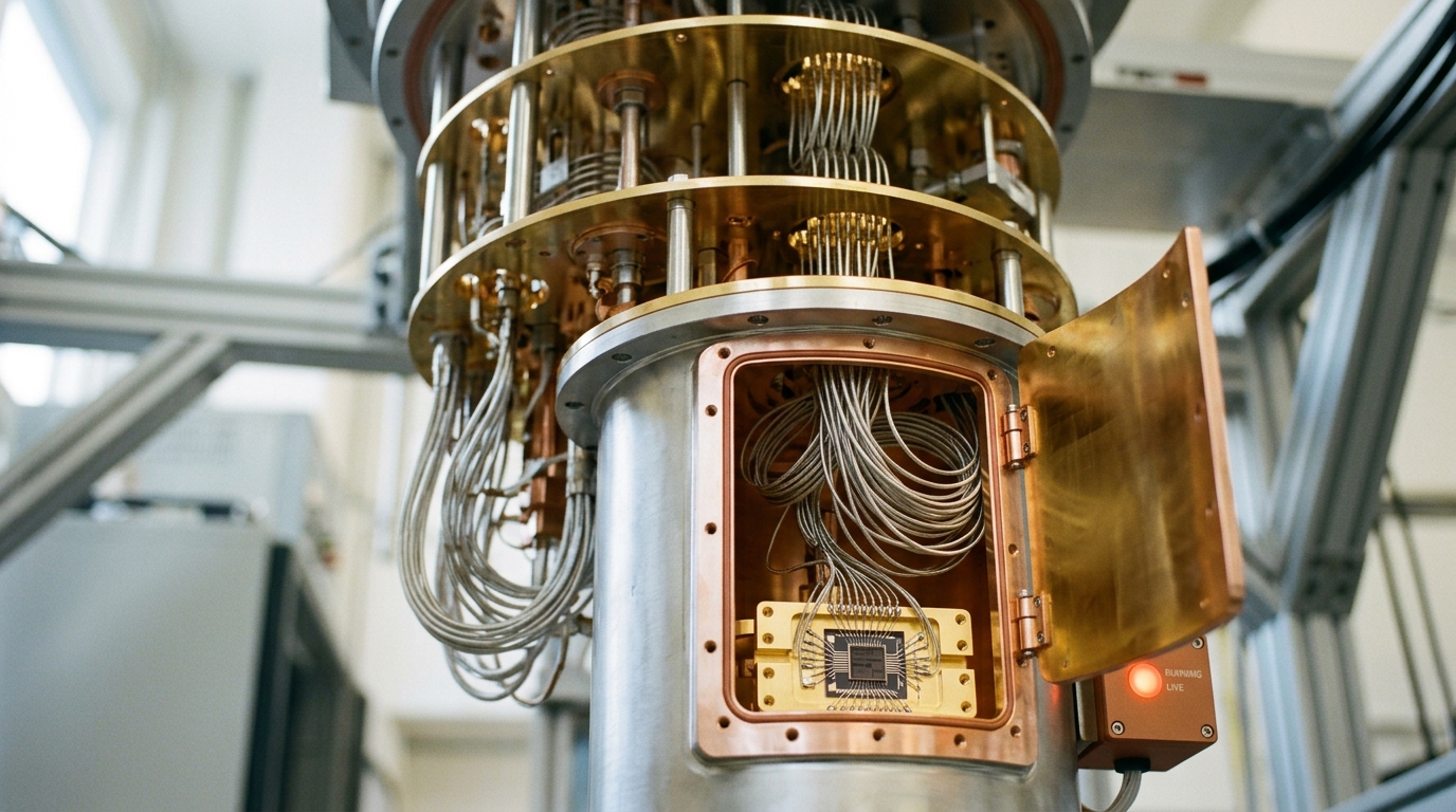 The open interior of a dilution refrigerator during a quantum-circuit run, nested gold-plated stages and superconducting coax looms descending toward a small qubit chip package at the coldest stage, one radiation shield panel caught mid-removal