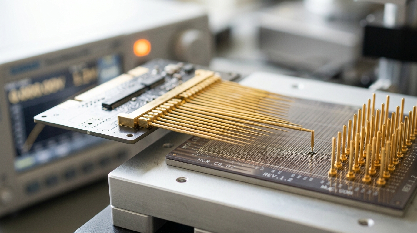 A memristor crossbar die under a probe card on a device characterisation bench, one probe pin caught mid-descent onto a corner cross-point cell while a source-measure unit beside it displays a live sweep