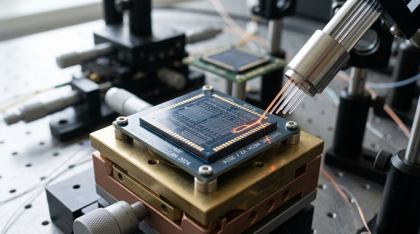 A silicon-photonic Mach-Zehnder-interferometer mesh chip on an optical alignment bench, a fibre v-groove array descending onto its edge couplers with one channel already carrying visible orange laser light while the others remain dark