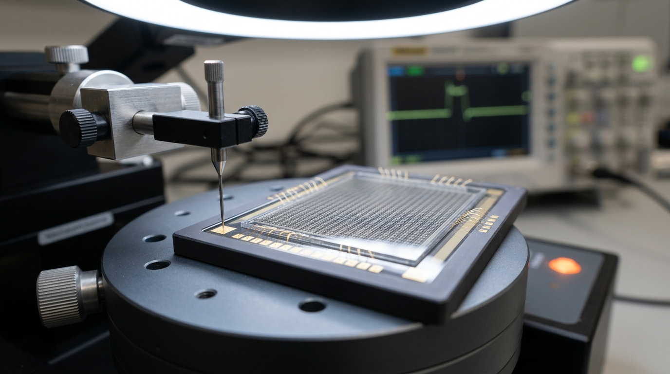 A packaged neuromorphic spiking chip on a wafer-probe station, one probe needle caught mid-descent just above a bond pad while an oscilloscope in the background traces an irregular spike waveform