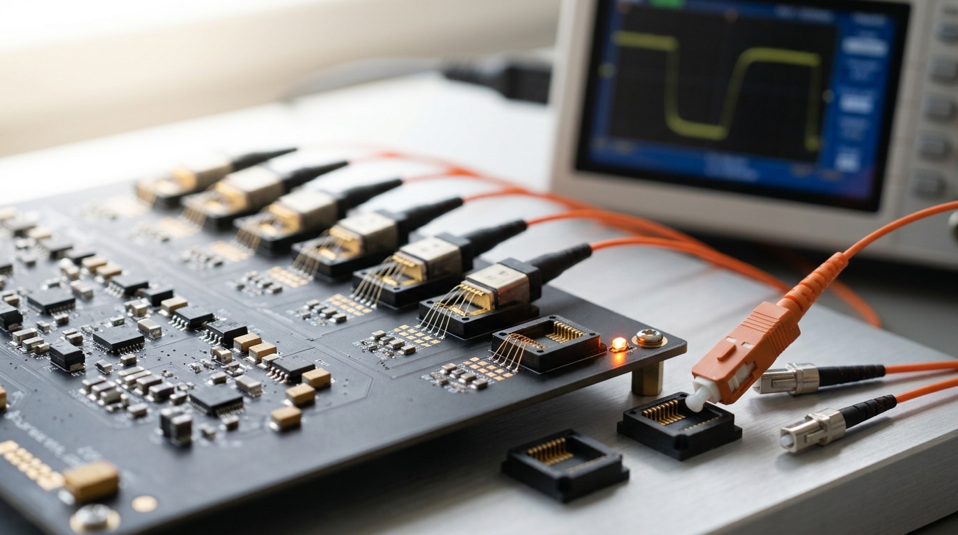 A photodetector array wire-bonded to a transimpedance-amplifier board at the output of a photonic chip, one channel's status indicator glowing orange as it locks onto the converted electrical signal while a fibre pigtail is caught mid-seating into the next channel's mount