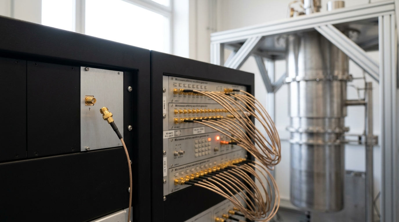A rack of microwave arbitrary-waveform-generator modules feeding pulse sequences down coaxial lines into a dilution refrigerator, one patch cord caught mid-connection into a fresh input port