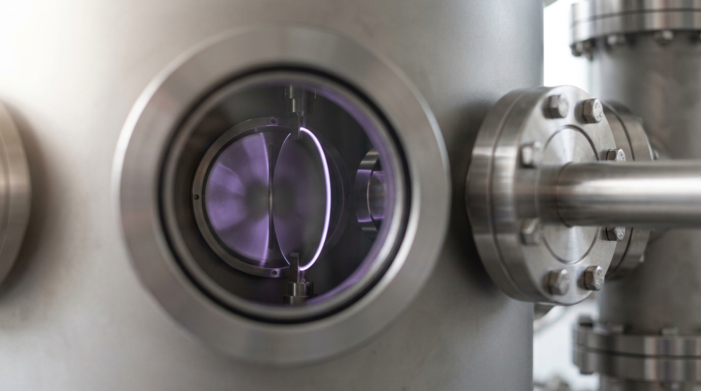 An ARPES hemispherical electron analyzer's entrance slit assembly seen through an open viewport, a shutter blade still swinging clear of the slit aperture and a faint bloom of collected electrons only starting to register on the detector plate beyond