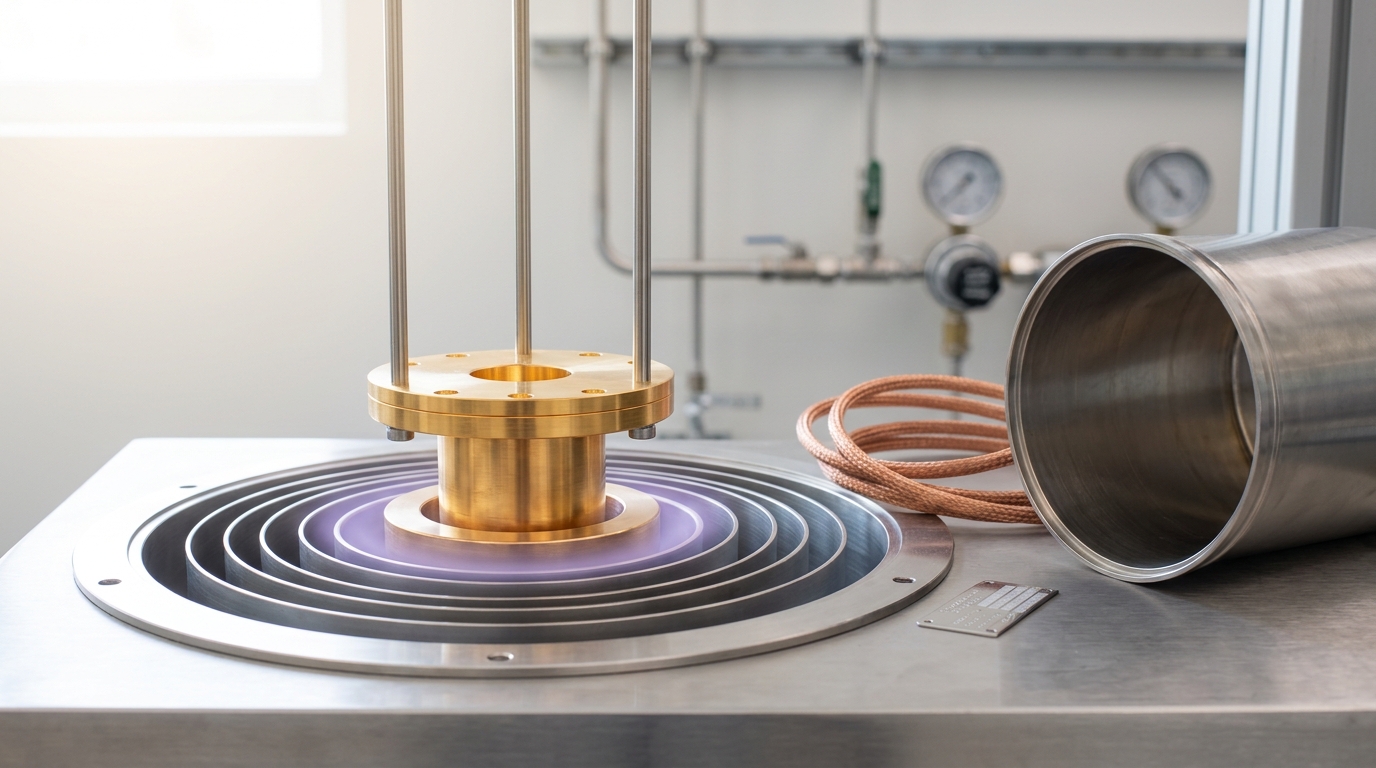 A dilution refrigerator's innermost gold-plated copper stage being lowered into its radiation shields, the mixing chamber still a hand's width above its seated position with the last shield ring not yet dropped over it