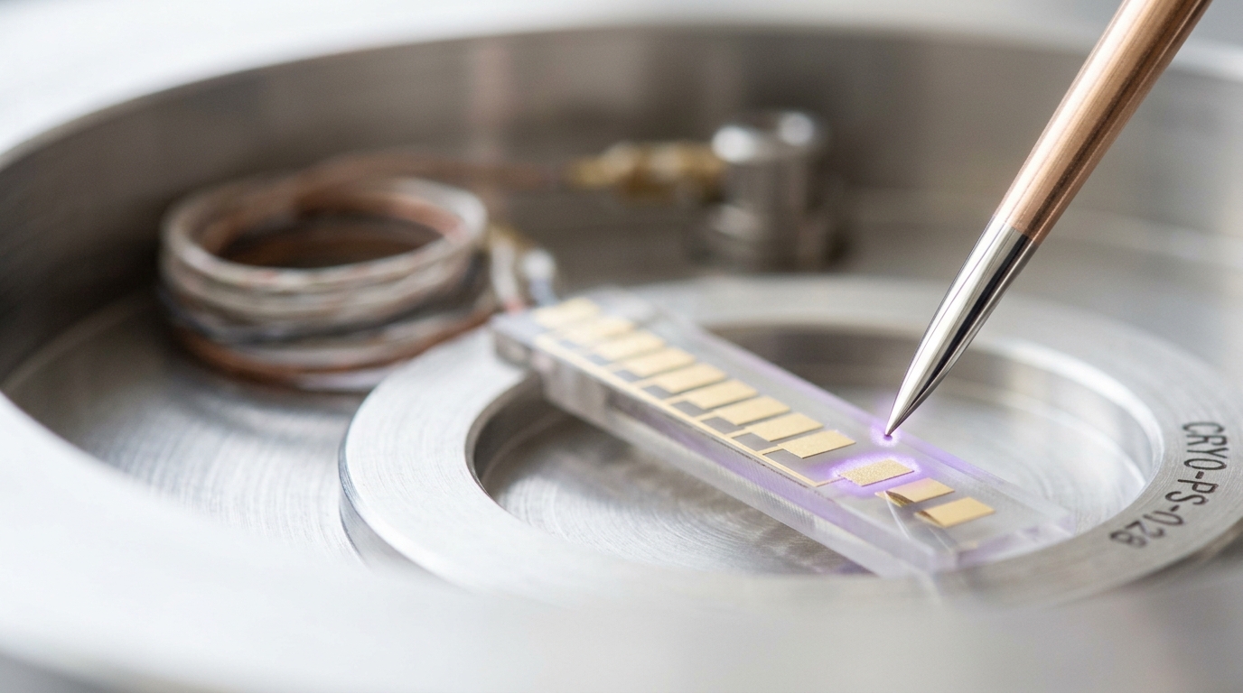 A closed-cycle cryostat's sample probe station with a mounted crystal on its cold finger, a beryllium-copper contact spring caught mid-descent just short of landing on the sample's gold contact pad