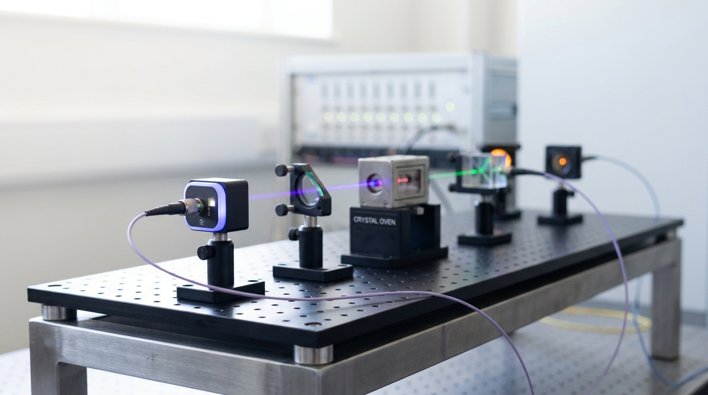 A black anodised optics table with a down-conversion crystal in its oven mount and two polarizing beamsplitter cubes on kinematic posts, one fibre-coupled single-photon detector's indicator just starting to light as a coincidence registers