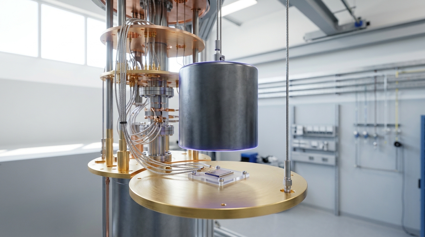 A dilution refrigerator's lowest gold-plated stage lowered open on its hoist, a small superconducting qubit chip mounted at its centre under a partially fitted magnetic shield can