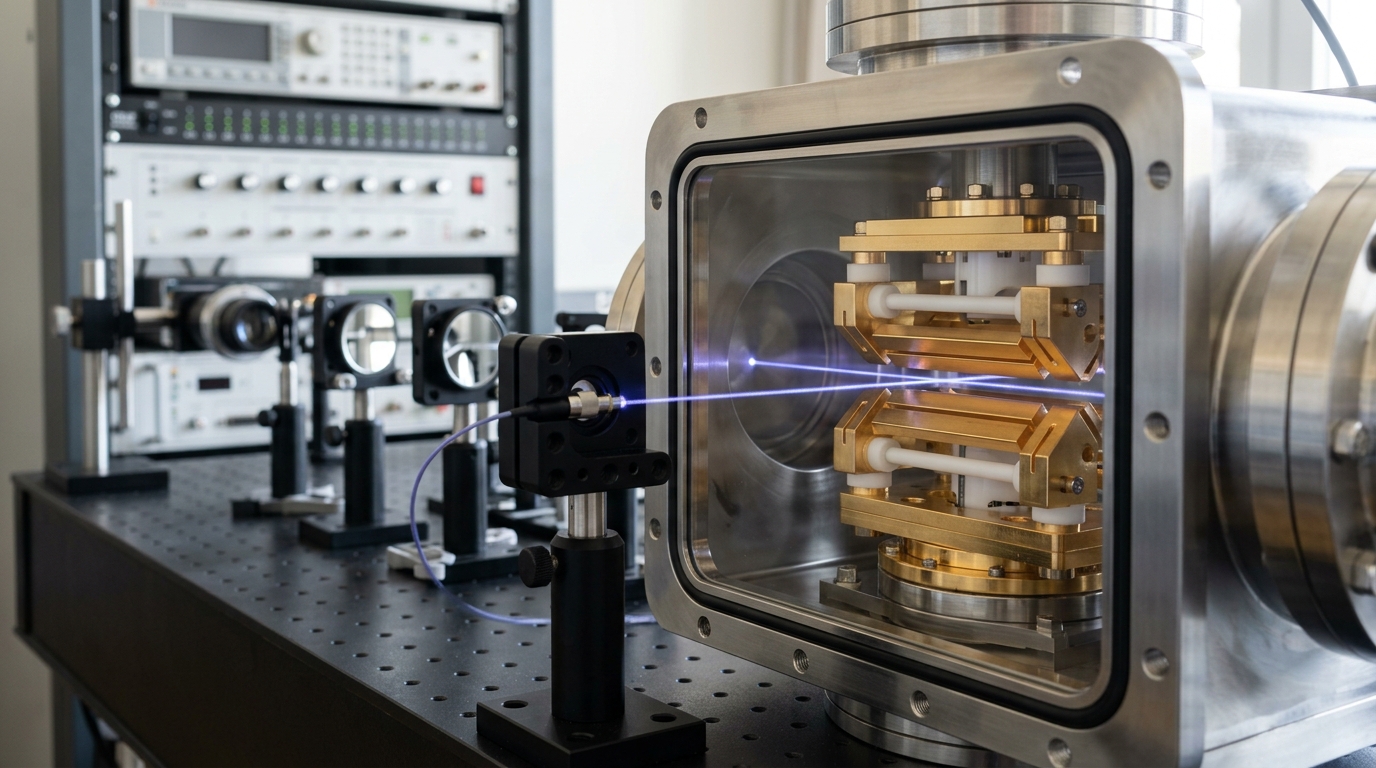 A linear Paul ion trap under vacuum-chamber viewports, mid-sequence with one addressing beam path caught crossing the trap axis