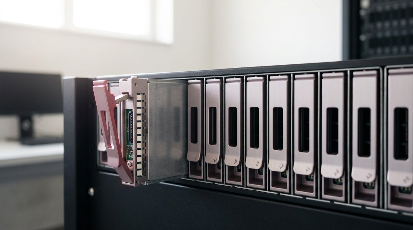 A fusion patch panel with two incoming cable banks landing full and settled and a single outgoing bank on the right, one merged connector caught mid-seat with a gap still open beside it