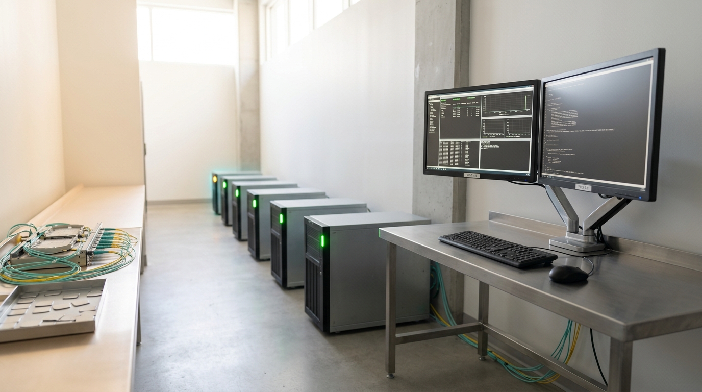 A query-serving workstation in a bright index-build room, its screens labelling six rack positions down the aisle behind it, with the farthest position's status light still amber and not yet settled to green