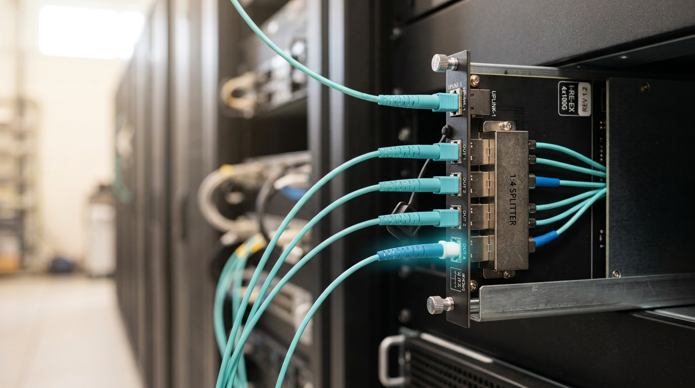 A rewrite-and-expansion inference blade with a fibre splitter fanning one incoming line into four outgoing ports, one patch cord caught mid-insertion into the fourth port